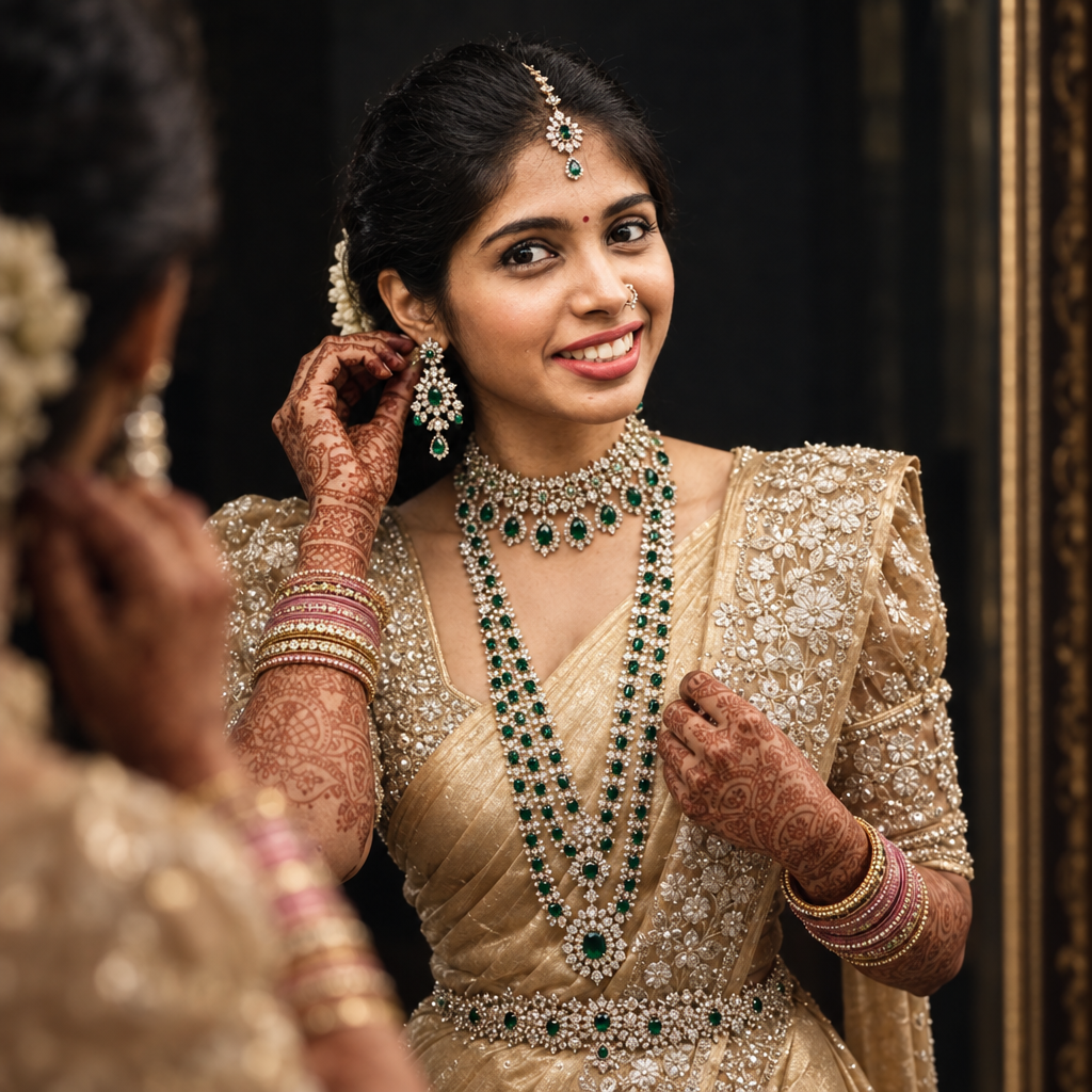 South Indian Bride In Front Of Mirror